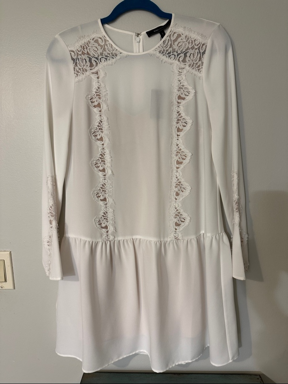 BCBGMaxAzria White Long Sleeve Lace-Inset Drop Waist Dress